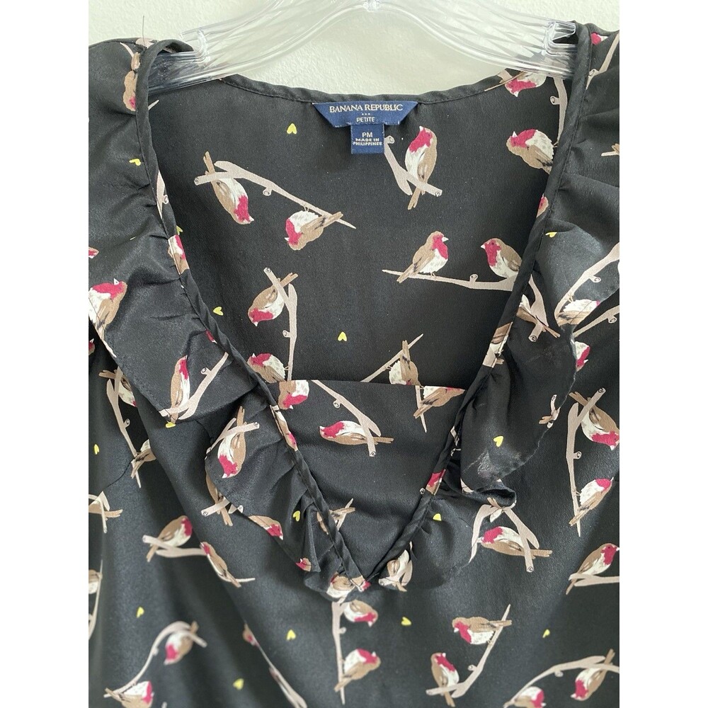 Banana Republic Petite PM Black Robin Bird Ruffle Flounce Neck Sleeveless Blouse - Picture 3 of 5